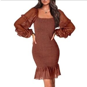 PrettyGarden Chic Rust Brown Swiss Dot Smocked Bodycon Mini Dress Puff Sleeve M